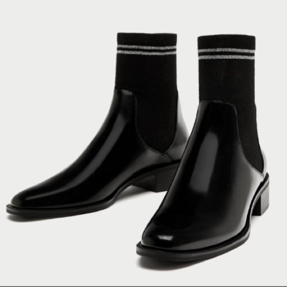 Zara Flat Sock Ankle Boots Black NWT